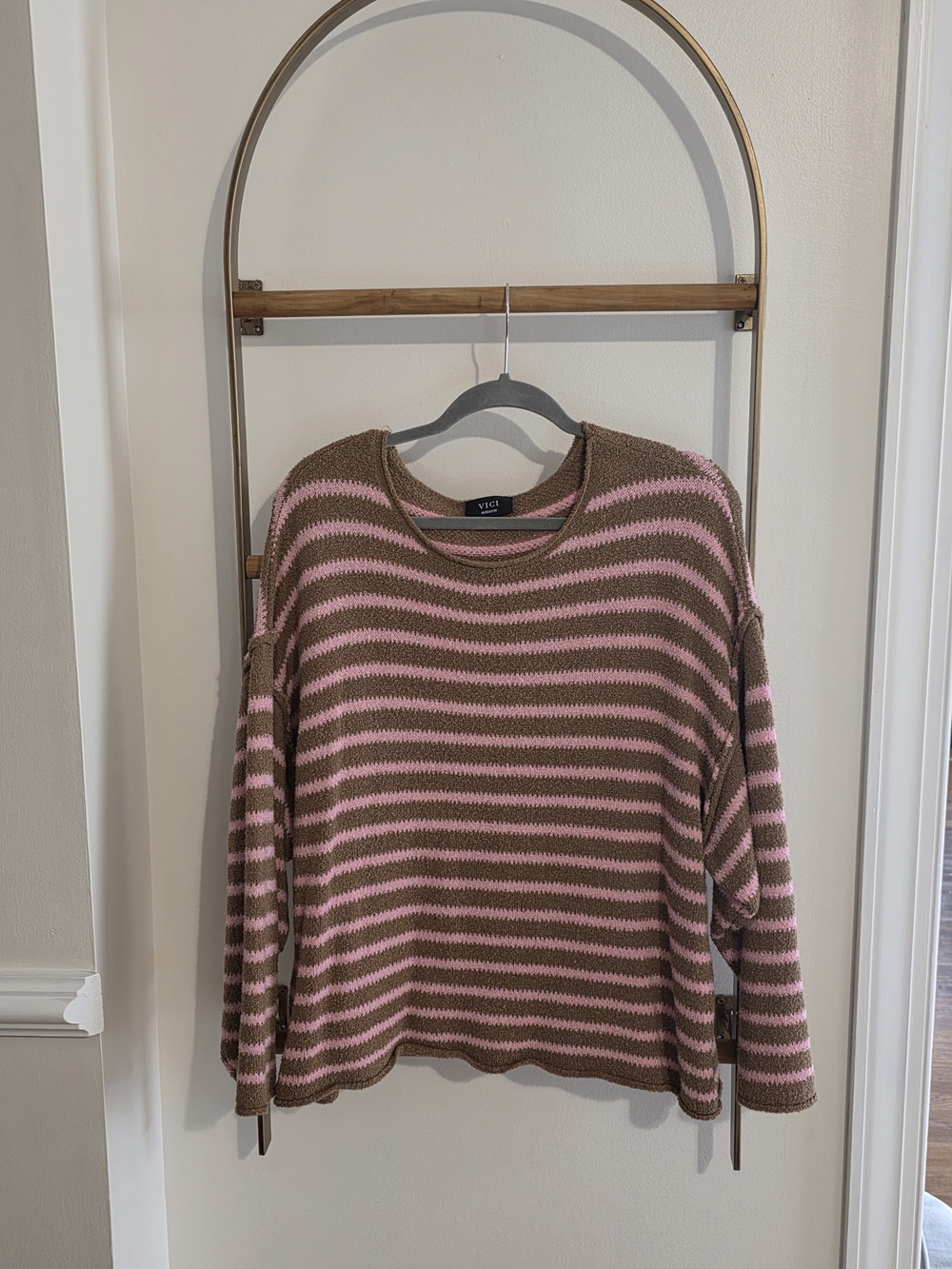 VICI Brown and Pink Striped Crewneck Sweater